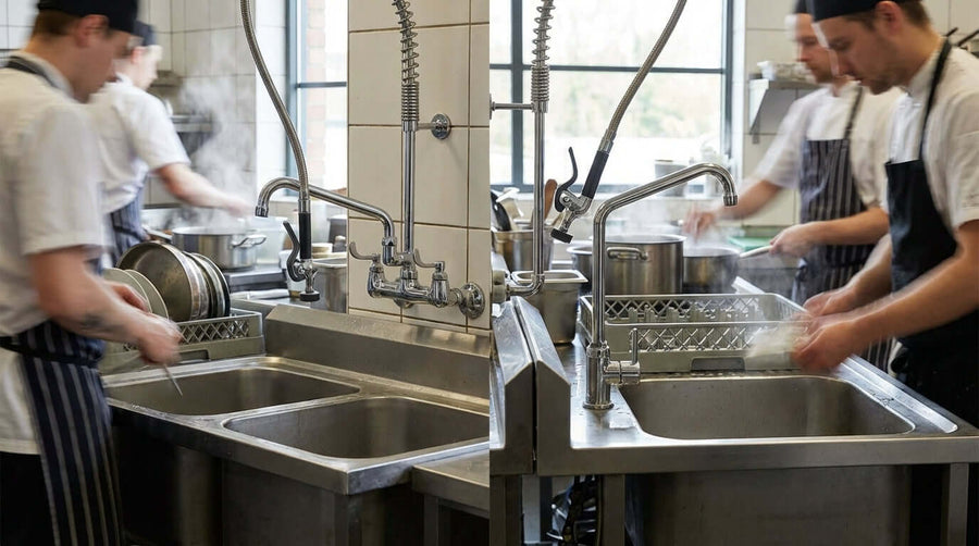 Wall-Mount vs. Deck-Mount: Which Pre-Rinse Faucet Installation is Right for Your Sink? commercial kitchen pre-rinse faucet at sink