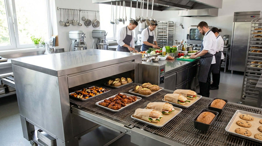 Beyond Pizza: 10 Unexpected Foods You Can Cook in a Conveyor Oven in commercial kitchen with chefs preparing sandwiches, baked goods