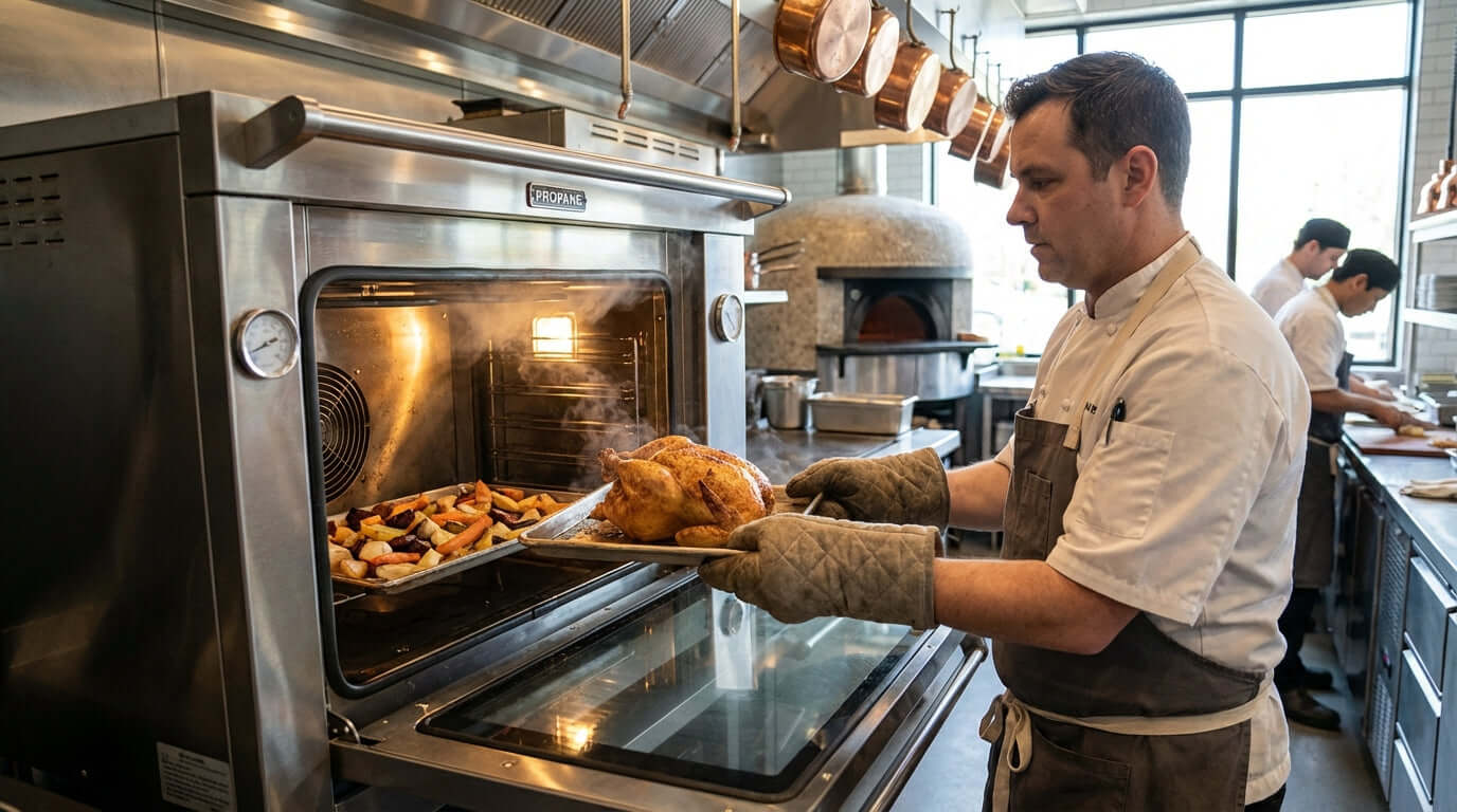 Mastering Your Propane Convection Oven: 5 Tips for Perfect Roasting and Baking chef removing roast chicken from convection oven