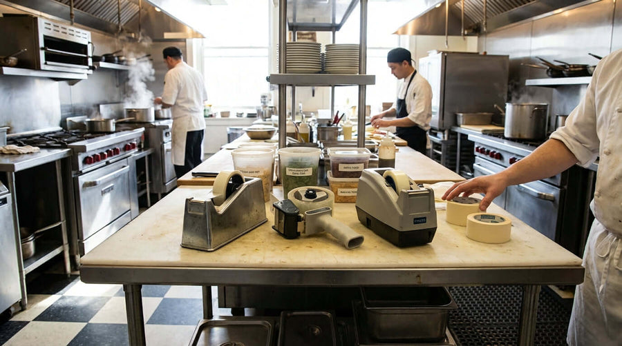 The Ultimate Guide: Choosing the Right Tape Dispenser for Your Restaurant - commercial kitchen prep table with tape dispensers for labeling and packaging