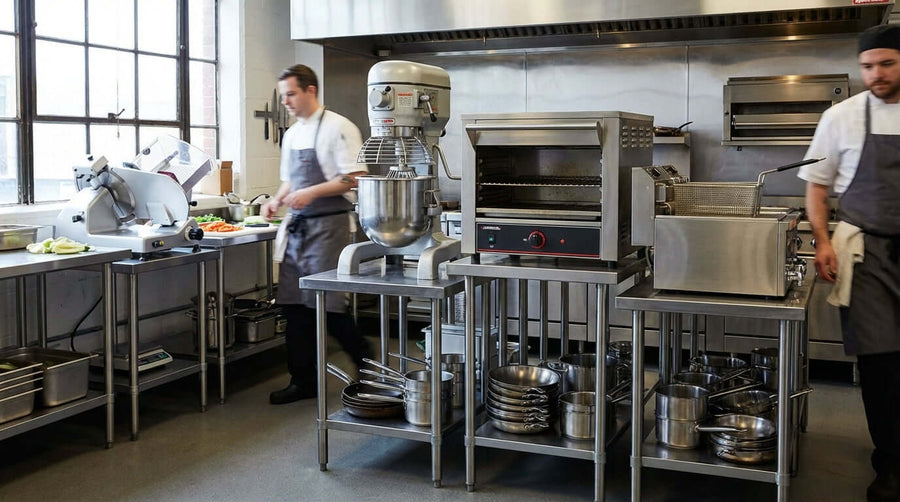 Not Just a Table: How Proper Equipment Stands Enhance Kitchen Safety in commercial kitchen with stainless equipment stands supporting ovens and mixer