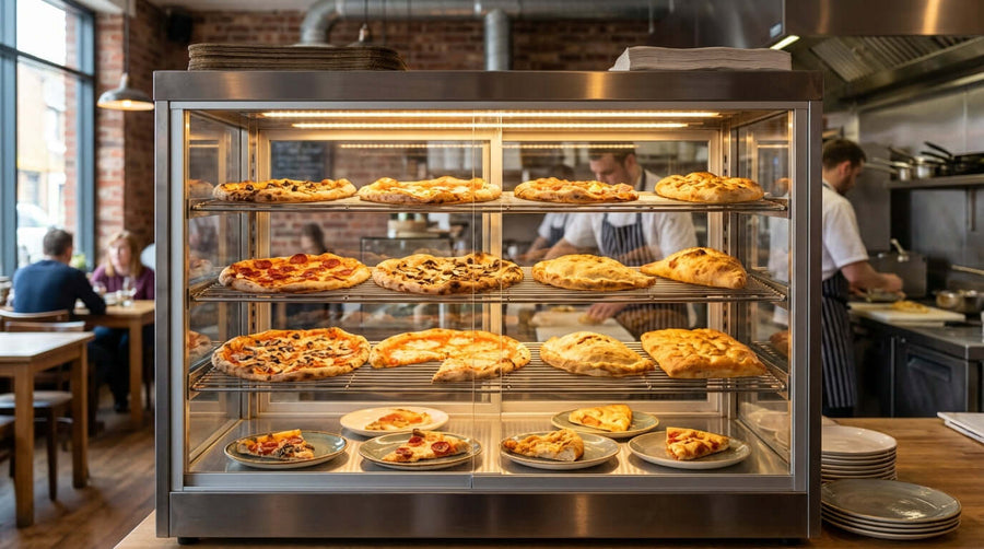Alt Tag: 5 Merchandising Secrets to Skyrocket Sales with Your Heated Display pizza display warmer filled with slices in lit heated case