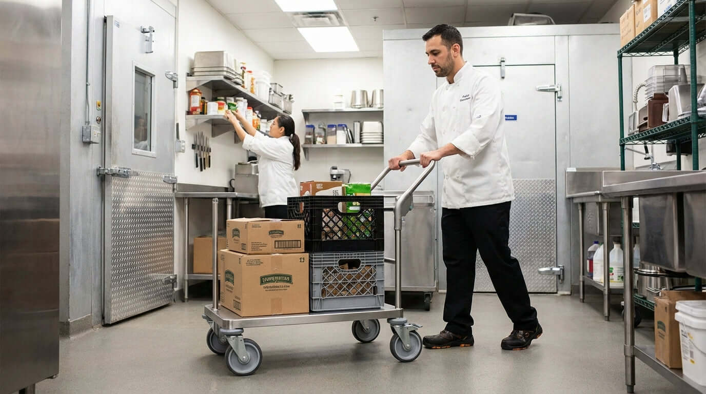 Beyond the Load: How Ergonomic Carts Improve Employee Safety and Reduce Strain in commercial kitchen with staff pushing cart