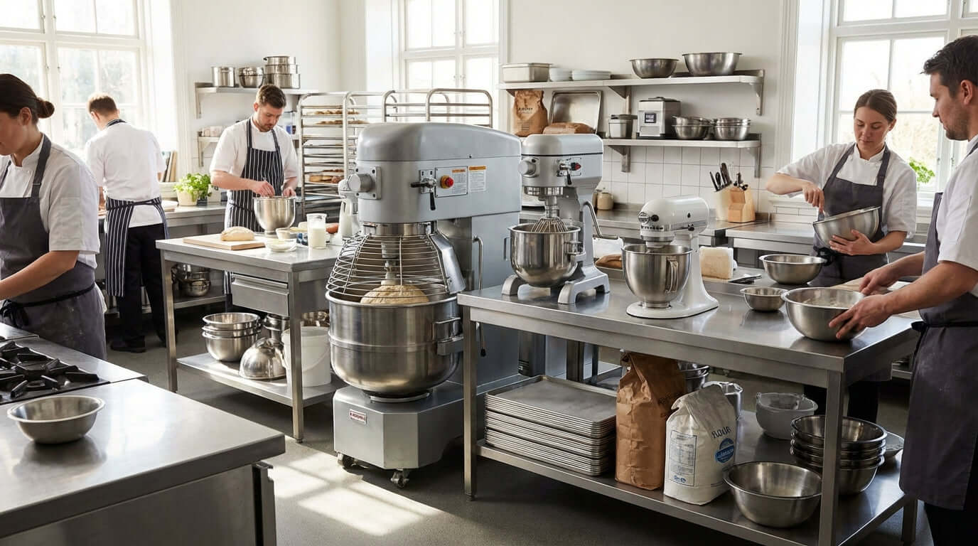 Alt Tag: Commercial kitchen staff with industrial mixers and prep tables, guide on how to choose the right commercial mixer size