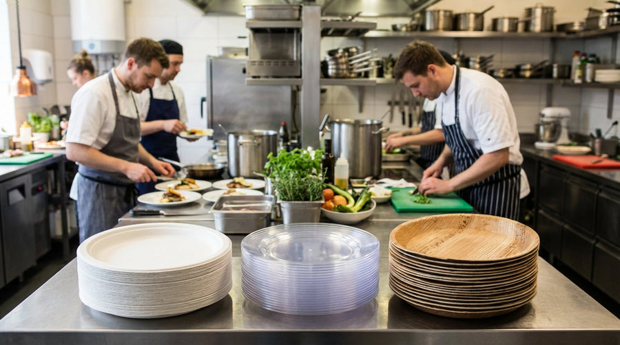 Paper vs. Plastic vs. Palm Leaf: Choosing the Best Disposable Plate for Your Event – chefs prep food beside paper, plastic and palm leaf plates