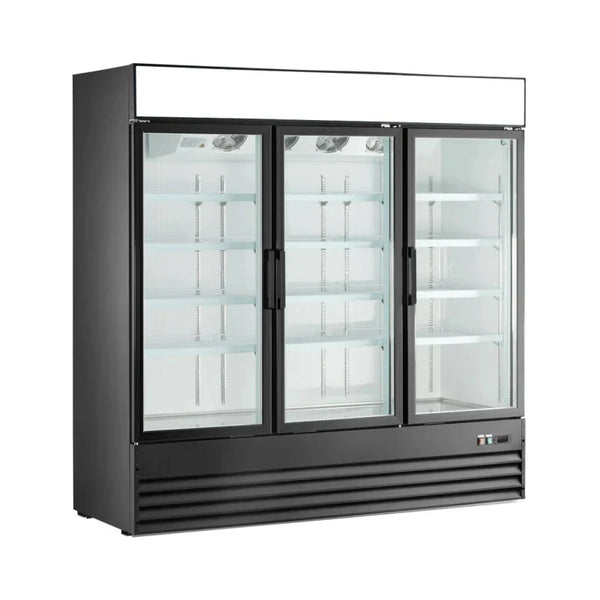 commercial glass door refrigerator, Three-Door Upright Merchandiser With LED Lighting, Adjustable Shelves, And Black Frame