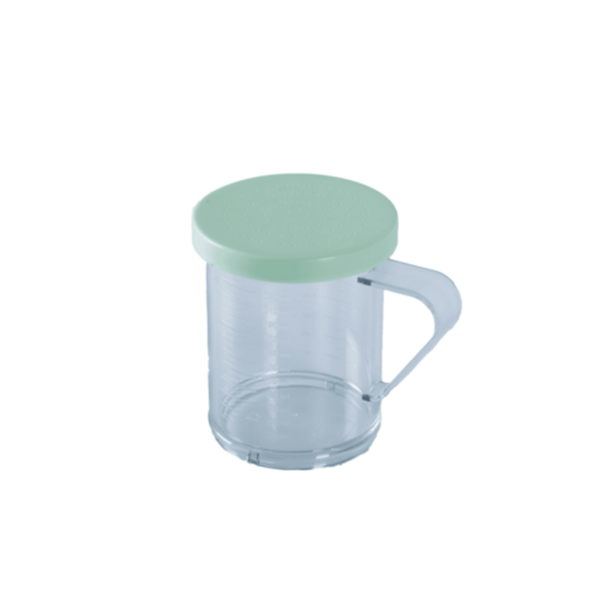 Dredgers and Shakers clear plastic flour sifter shaker with handle and green lid for bakery and commercial kitchen