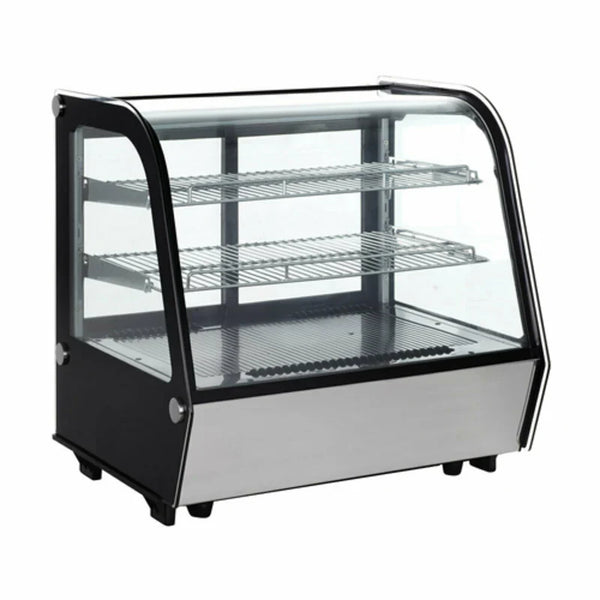 refrigerated countertop display case with glass front, sliding doors, and multi-tier wire shelves for chilled grab-and-go items