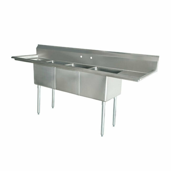 Alt Tag: Three Compartment Sinks stainless steel commercial dishwashing sink with backsplash and drainboards