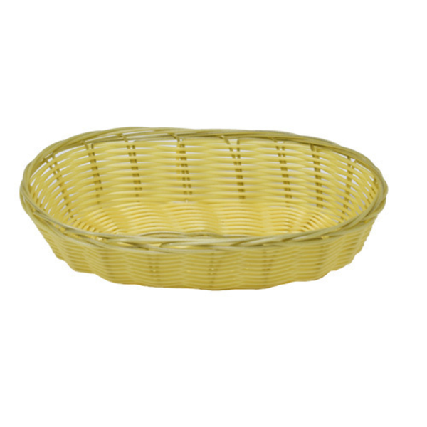 Alt Tag: Display Baskets yellow oval plastic wicker display basket for bakery bread and retail merchandising