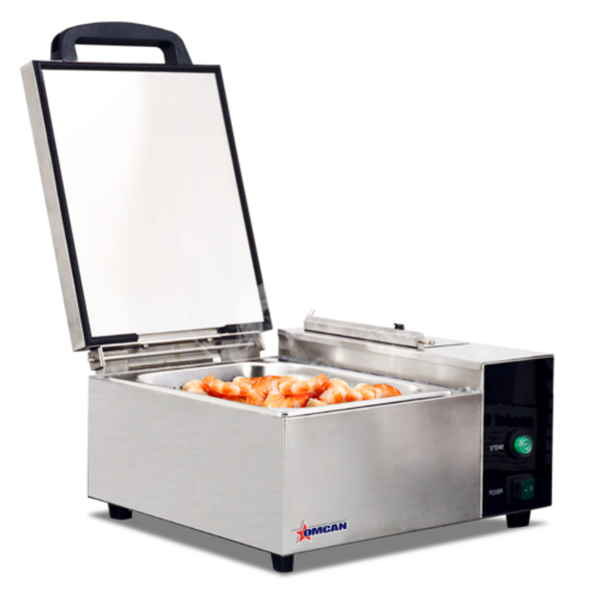 Commercial Steamers countertop food steamer with open lid and seafood, stainless steel high-volume kitchen equipment