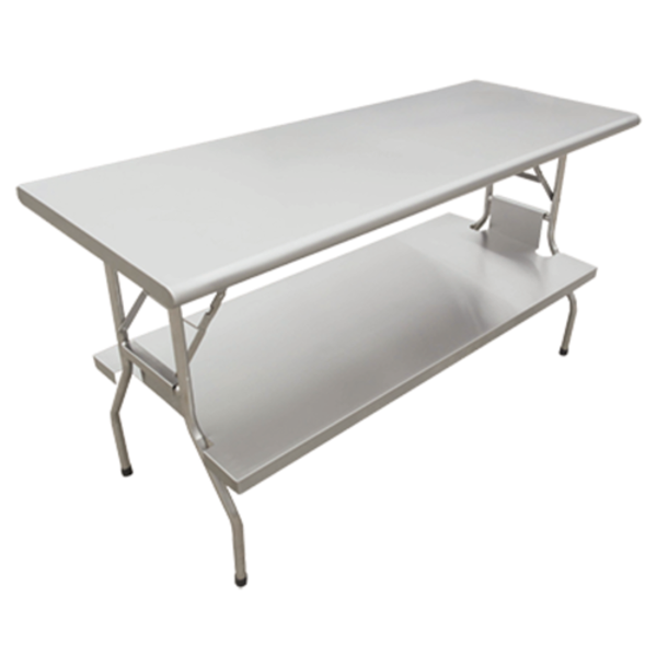 Alt Tag: Stainless Steel Folding Tables with lower shelf for hygienic food prep, heavy-duty portable work table