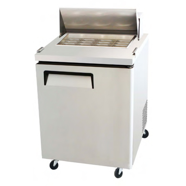 Mega Top Prep Tables refrigerated sandwich prep station with stainless steel ingredient pan rail and lift lid on casters