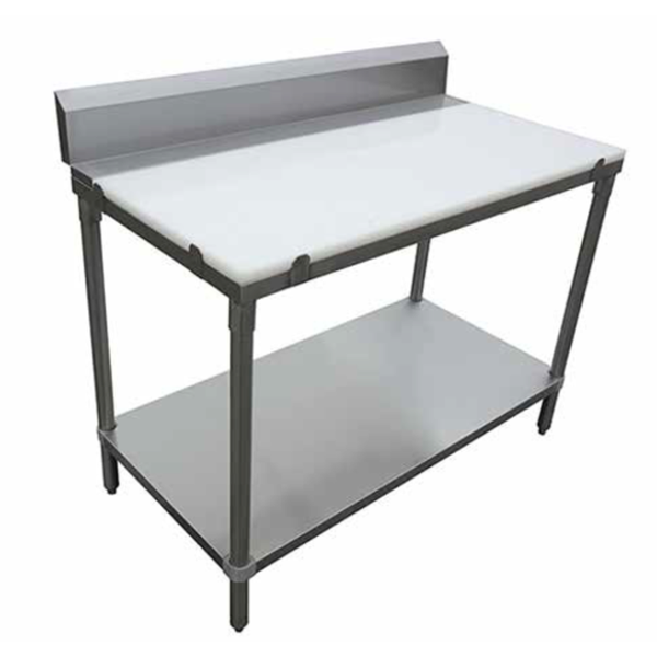 Poly Top Prep Tables stainless steel work table with HDPE cutting top, rear backsplash and undershelf for commercial kitchen prep