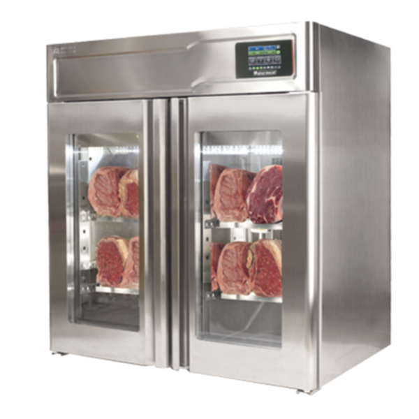 Alt Tag: Meat Curing Cabinets stainless steel double-door dry aging cabinet with glass doors curing meat cuts