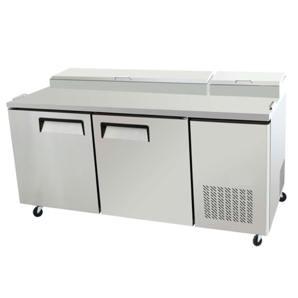Commercial Pizza Prep Tables refrigerated stainless steel pizza prep table with three-door storage for pizzeria efficiency