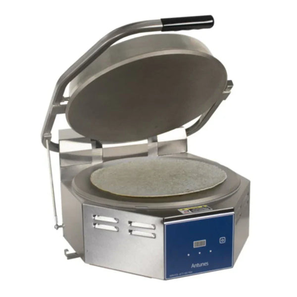 commercial tortilla press and grill equipment, brown round tortilla warmer container with lid for restaurant kitchens