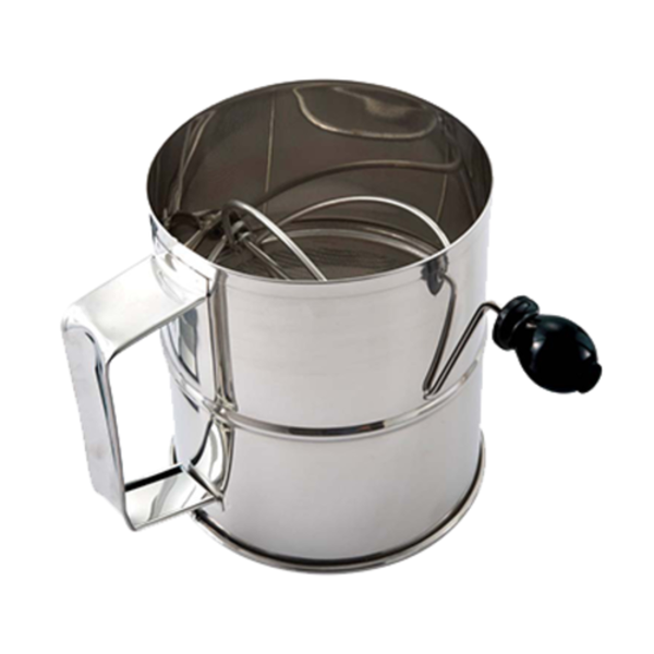 Alt Tag: Flour Sifters stainless steel hand-crank flour sifter with handle for bakery and commercial kitchen baking