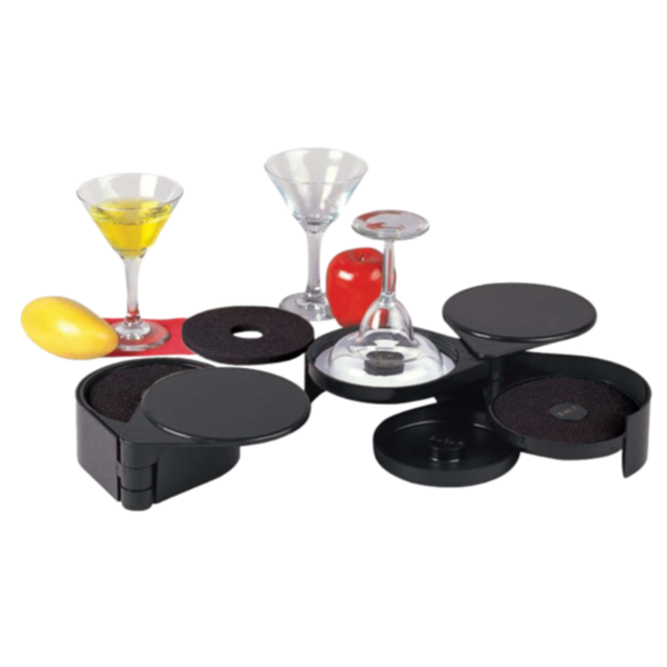 Glass Rimmers set for cocktails with multi-compartment rim salt and sugar trays, martini glasses, lemon and apple on white