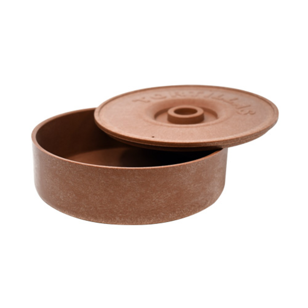 Tortilla Presses & Grills commercial tortilla dough press accessory, brown round press container with lid, foodservice equipment