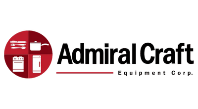Logo of Admiral Craft Equipment Corp. with a red circle containing icons of kitchen appliances on a white background.