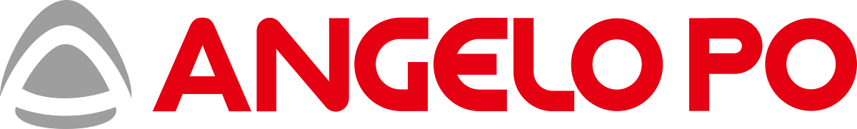 Logo d’Angelo Po avec texte rouge et icône grise sur fond blanc