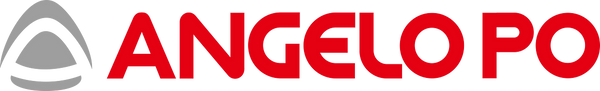 Logo d’Angelo Po avec texte rouge et icône grise sur fond blanc