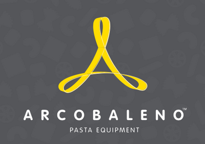 Arcobaleno pasta equipment logo on a dark background with pasta shapes.