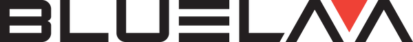 Blue Lava logo with a red and white design element on a dark background