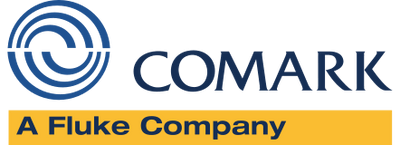 Comark logo, a Fluke Company, with blue and yellow colors on a green background.