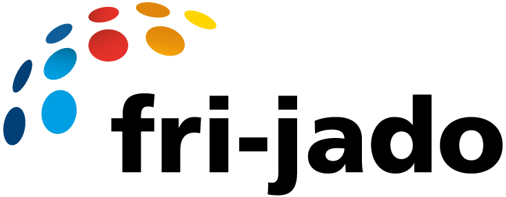 Logo of fri-jado with colorful dots above the text on a white background