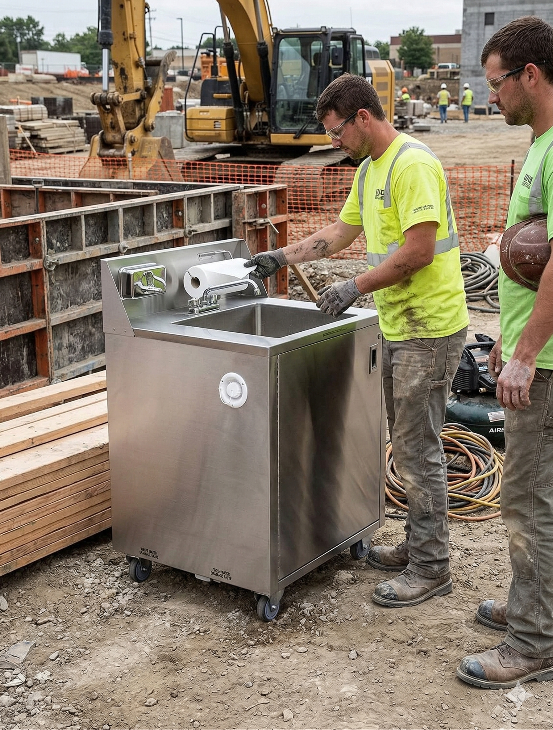 Workers Using Ancaster AFE-SB101 Portable Sink Unit With Hot Water At Construction Site