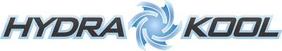 Logo of Hydra Kool with a blue swirling design on a black background
