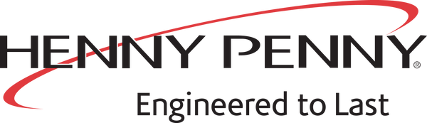 HENNY PENNY logo with a red curved line on a black background