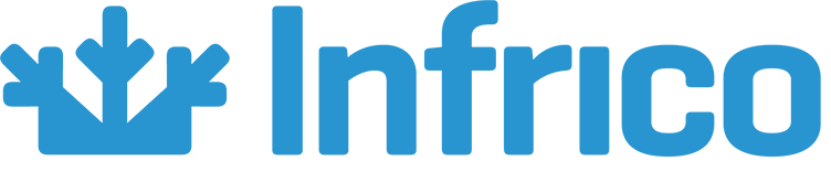 Infrico logo with blue text on a black background
