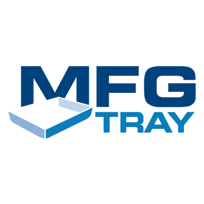 Logo of MFG Tray with blue text on a white background