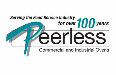 Peerless logo celebrating 100 years in the food service industry with commercial and industrial ovens.