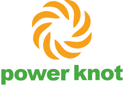 Logo of 'power knot' with orange and green design on a white background