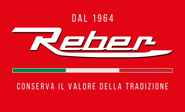 Reber logo with text on a red background