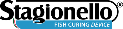 Stagionello fish curing device logo with black text on a blue background