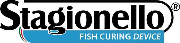 Fish curing device logo banner with blue text and fish icon