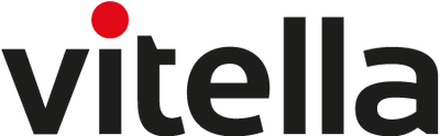 Vitella logo with black text and a red dot on a white background