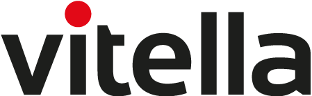 Vitella logo with black text and a red dot on a white background