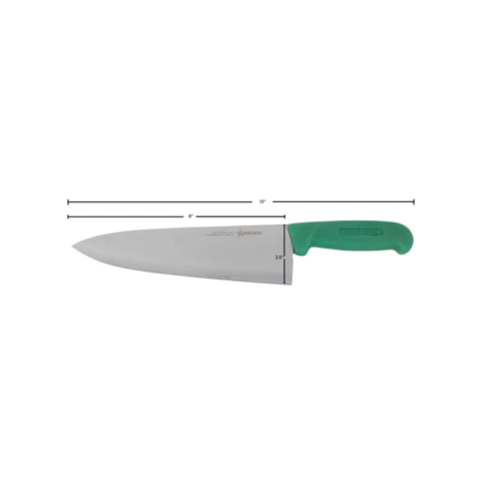 Alt Tag: OMCAN 12003 Polypropylene Handle 8-Inch Chef's Knife Green Handle stainless steel blade with green handle