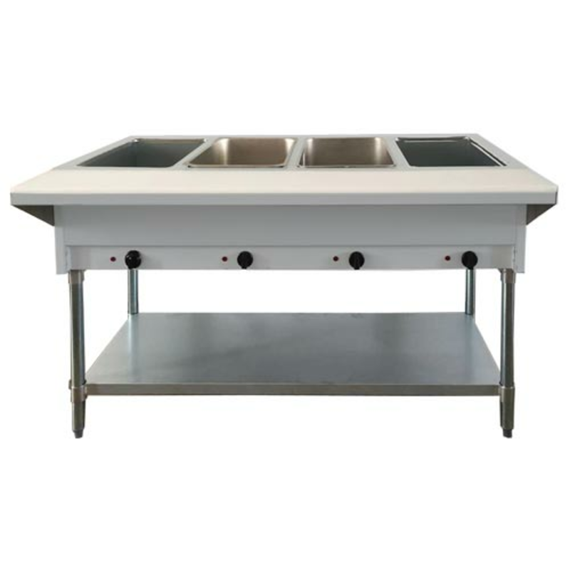 Omcan 47344 4-Pan Open Well Natural Gas Steam Table Counter For Cafeterias And Catering Services
