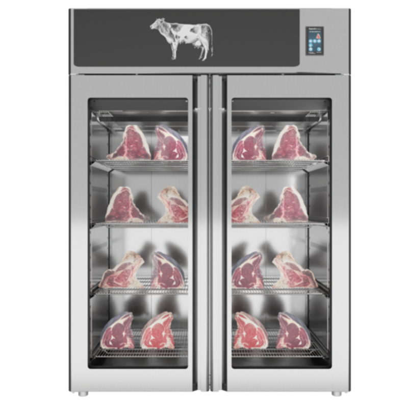 Stagionello 48043 Dry Aging Cabinet For Meat And Fish Displaying Premium Cuts Of Meat Ready For Aging