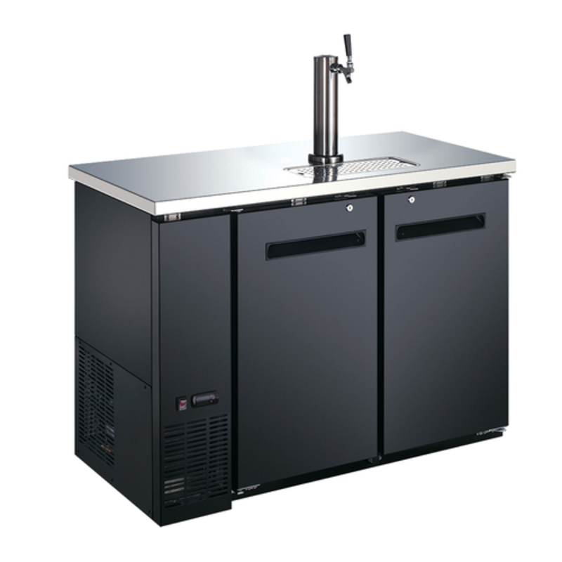 Alt Tag: OMCAN 50063 49" Wide Solid Two Door Draft Beer Kegerator black two-door draft beer cooler with stainless top and tap tower