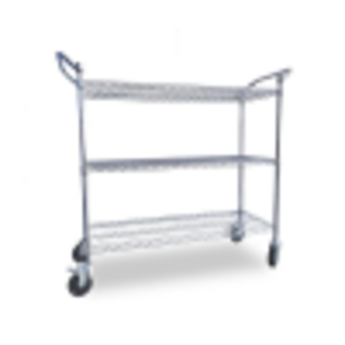 Alt Tag: OMCAN 49141 1800 lbs Capacity Chrome Plated Wire Shelving Cart chrome wire utility cart with 3 shelves and casters