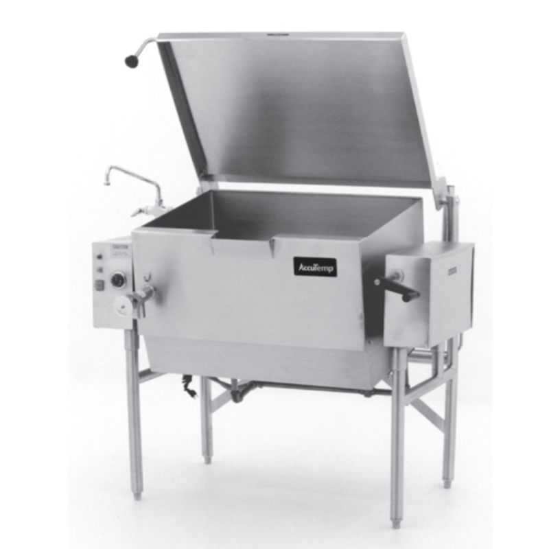 AccuTemp 30 Gallon Gas Tilting Skillet With Lid Raised For Easy Access In A Commercial Kitchen Setting