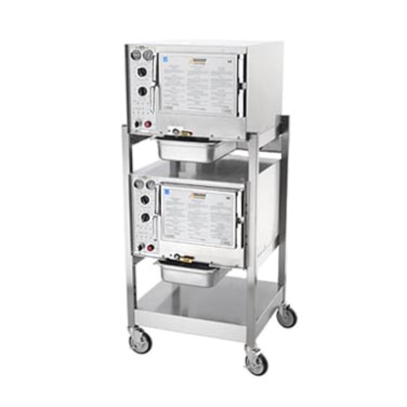 AccuTemp S32083D100 Double Stacked Convection Steamer With Two Independent Cavities On A Mobile Cart.